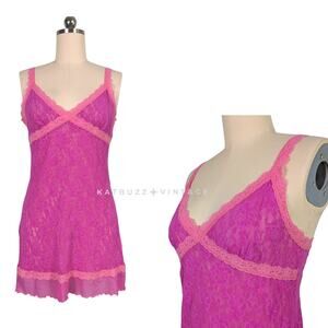 Vintage Lace Slip Dress Nightie L Pink Purple Y2K Sheer Babydoll Coquette Ruffle